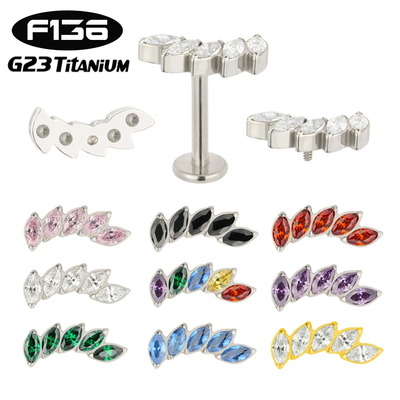 

1PC G23 Titanium Ear Studs Internal Thread Flat Back Zircon Horse's Eye Helix Cartilage Tragus Lip Stud Labret Piercing Jewelry