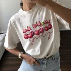 Trendy Women's Cherry Pattern Sweet Short Sleeved Printed Fashionable Casual Top Summer Clothing O-Neck Street Versatile T-Shirt