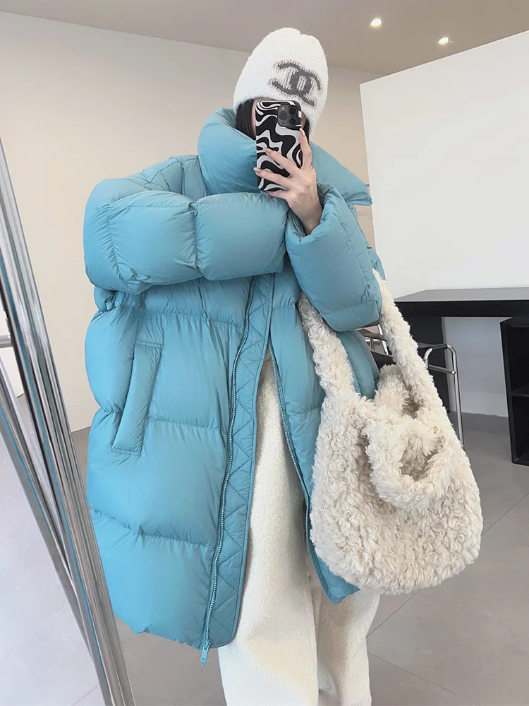 Winter New Thick White Duck Down Medium Length Women Fluffy Korean Light Weight Stand Collar Warm Puffer Jacket Female Coats