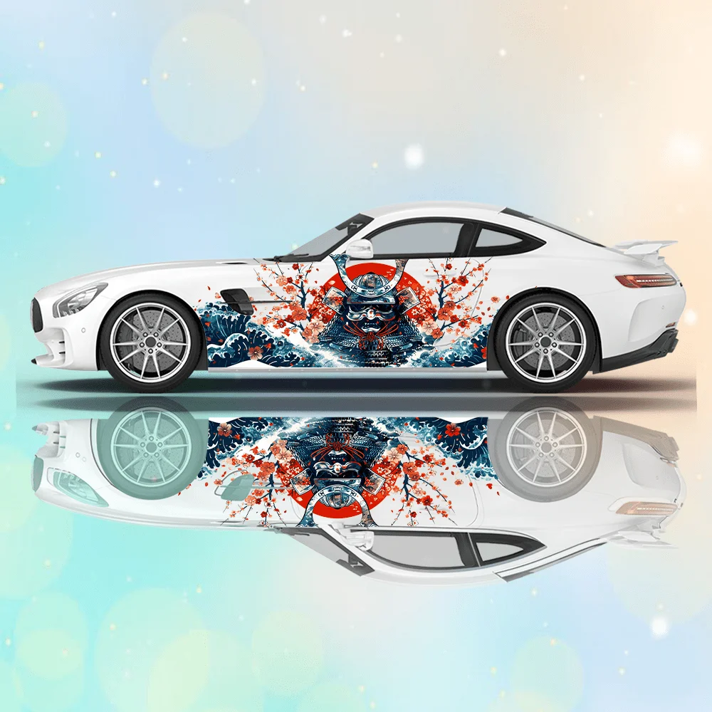 

Samurai Helmet and Sakura Waves Car Decals with Full-body Floral Decoration Scratches Protect The Car, Waterproof Car Vinyl Wrap