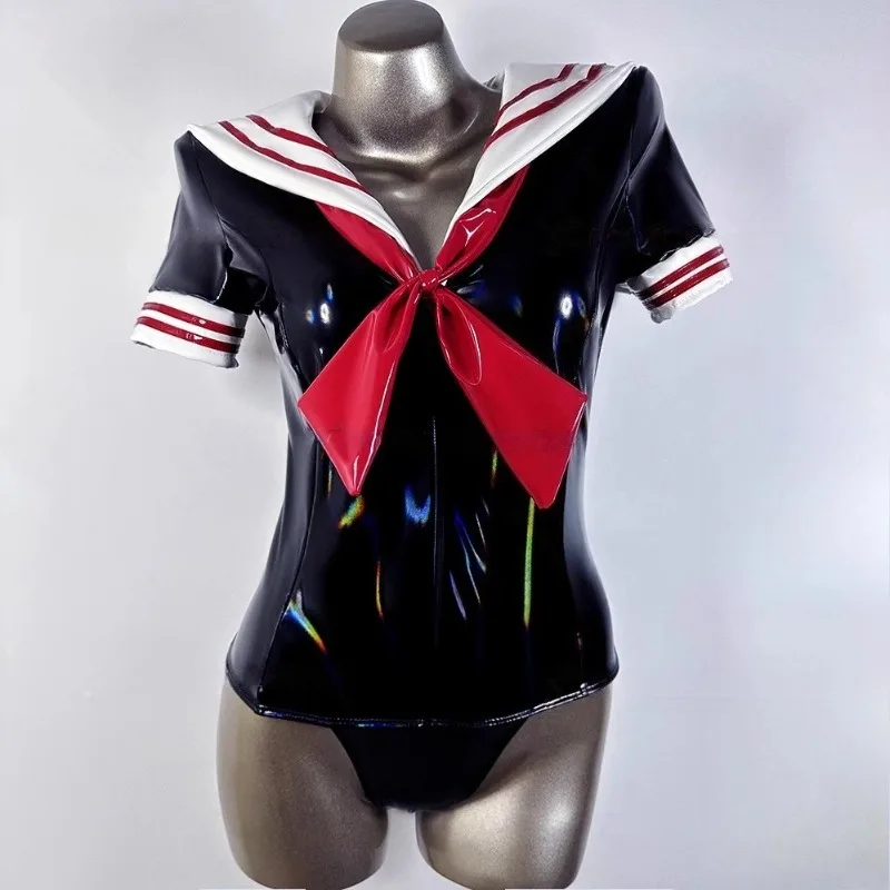 

Anime Cosplay Costume PU Leather Bodysuit Sailor Uniform Colorful Swimsuit One Piece for Women Performance Sexy Roleplay Outfits