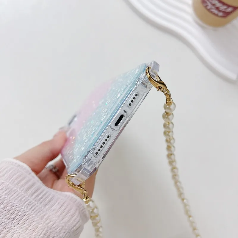 Glitter Pearl Strap Case For Samsung Galaxy A55 A54 A15 A34 A14 A53 S22 S24 S23 Ultra Four Corners Crossbody Long Lanyard Cover image 4
