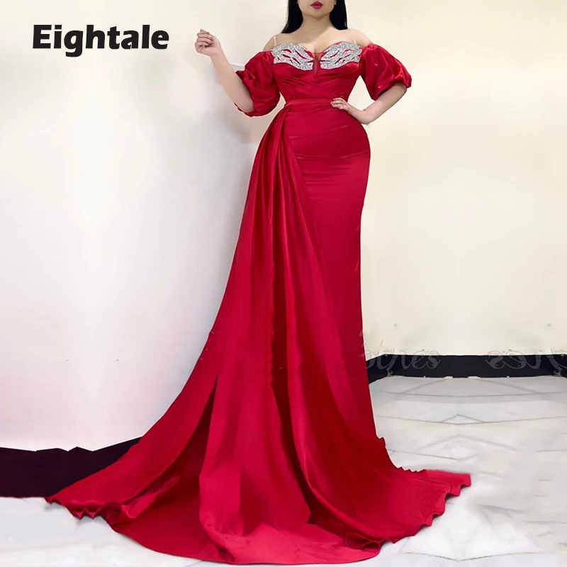 

Eightale Mermaid Evening Dress for Wedding Off the Shoulder Beaded Side Split Long Arabic Prom Gown Satin Celebrity Gown