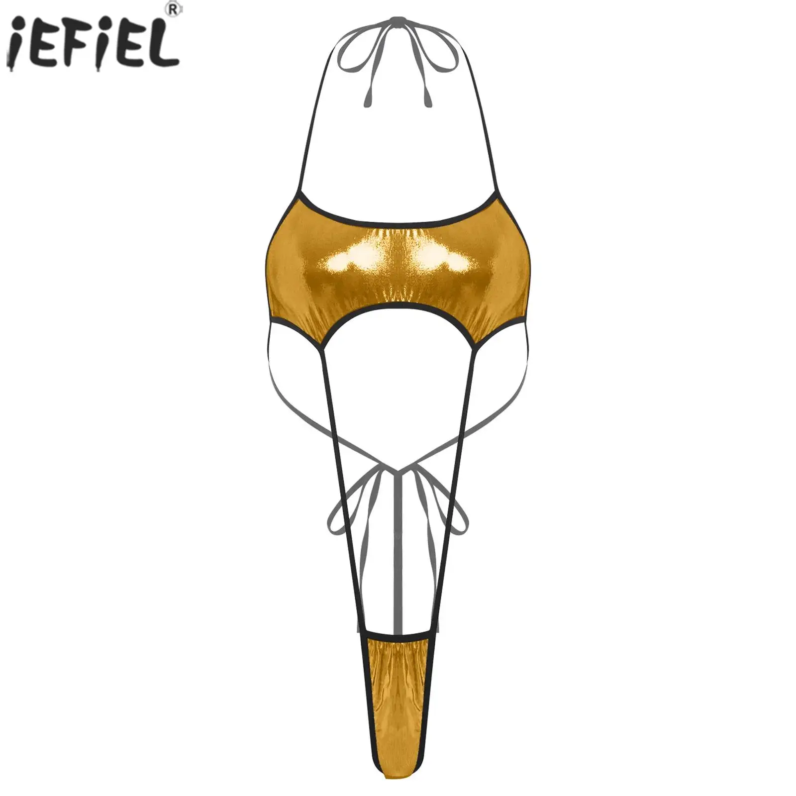 

Women Lingerie Tempting Shiny Bodysuit Metallic Micro T-back Thongs Lace-up Monokini Anime Style for Couple's Role Play Teddies