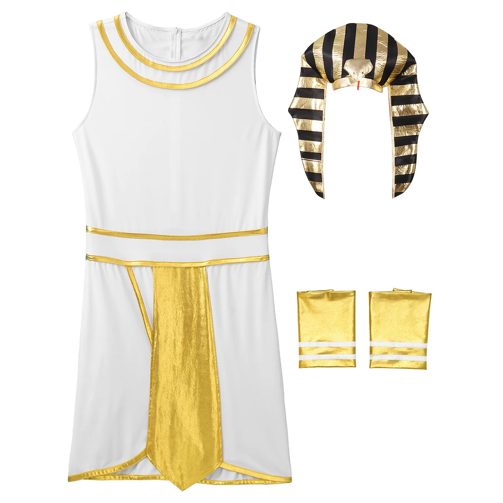 Mens Egyptian Pharaoh Costume Set Halloween Cosplay Sleeveless Contrast Color Dress with Cuffs And Snake Head Hat