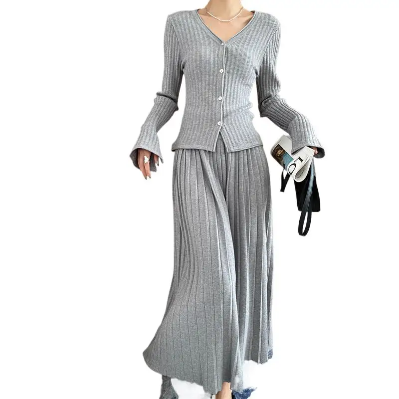

2025 Women V-Neck Long Sleeve Knitted Blouses With High Waist Long Pleated Skirt Two Pieces Sets Spring Suits Ladies Outfits