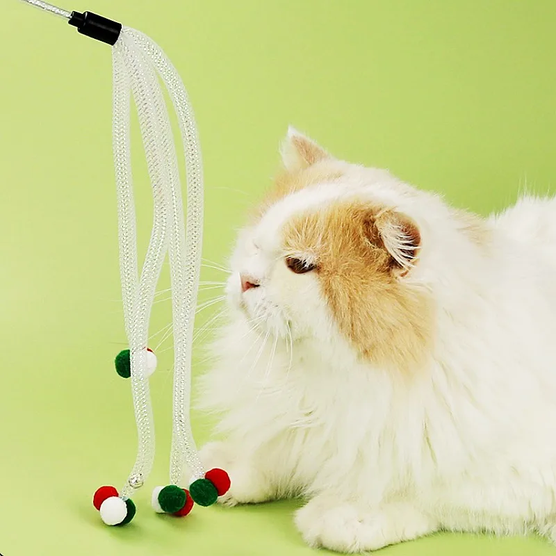 Cat Toy Elastic Mesh Cats Stick Wool Ball Tassel Cat Toys Interactive Colored Ball Cats Toy with Bell Kitten Teaser Pet Supplies