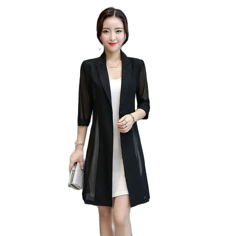 

2023 New Spring Summer Blazers Women Fashion Three Quarter Sleeve Mid Long Shawl Blazer Women Casual Sunscreen Clothing Tops