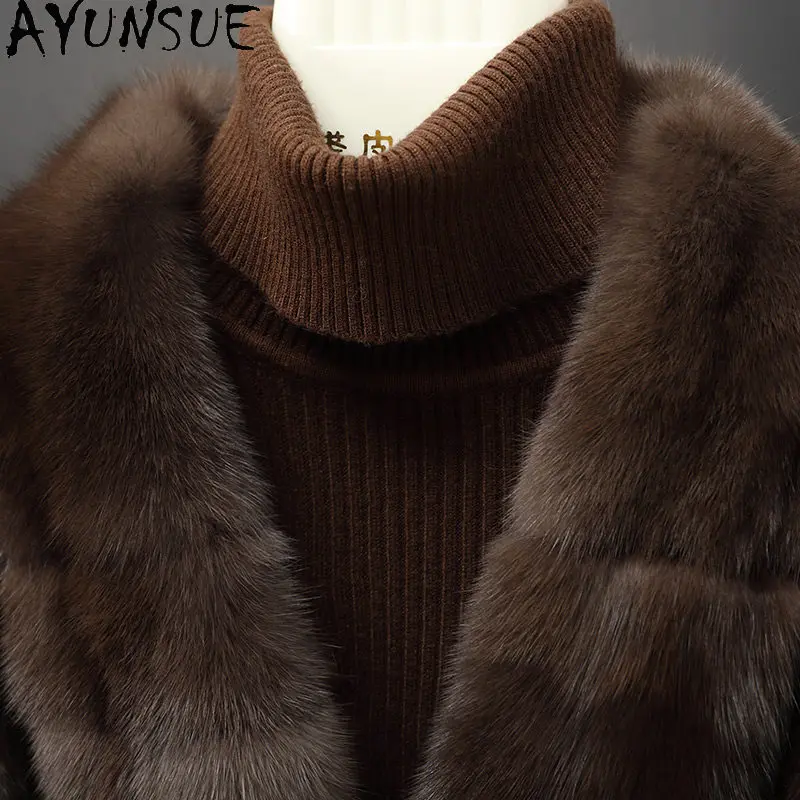 معطف فرو المنك الحقيقي الكامل من AYUNSUE للنساء، معاطف فرو شتوية للنساء، سترة قصيرة أنيقة، ملابس خارجية نسائية، ملابس نسائية
