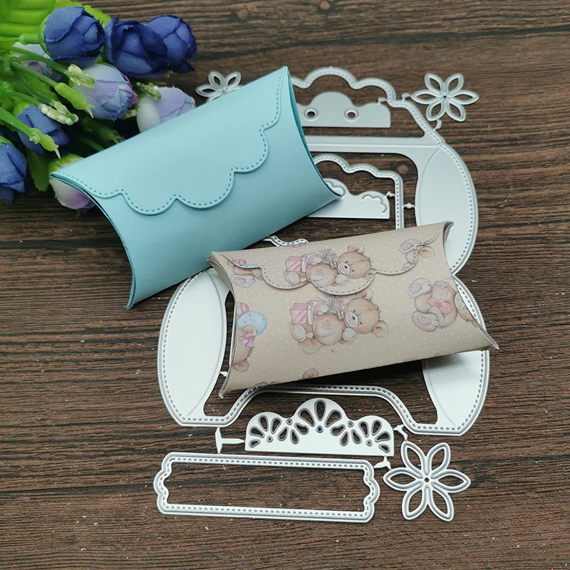 3D Pillow Gift Box Metal Cutting Dies With Little Tags Labels Flowers Diecut for Small Treats or Gifts Wedding Box 2021 New