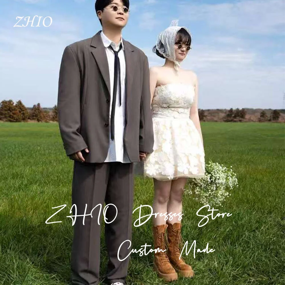 

ZHIO Lovely Applique Mini Wedding Party Dress Ivory Tulle Strapless A-Line Short Korea Photo Shoot Bridal Dresses Customized