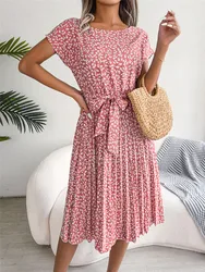 Women's Floral Pleated A Line Long Dress, Short Sleeve, High Waist, Spring, Summer