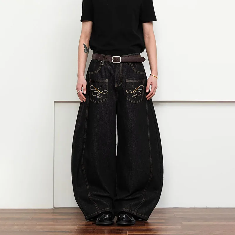 

Korean Spring And Autumn Men'S Embroidered Curved Knife Jeans Wide Leg Pants Low Waist Casual Loose Straight Leg Pants