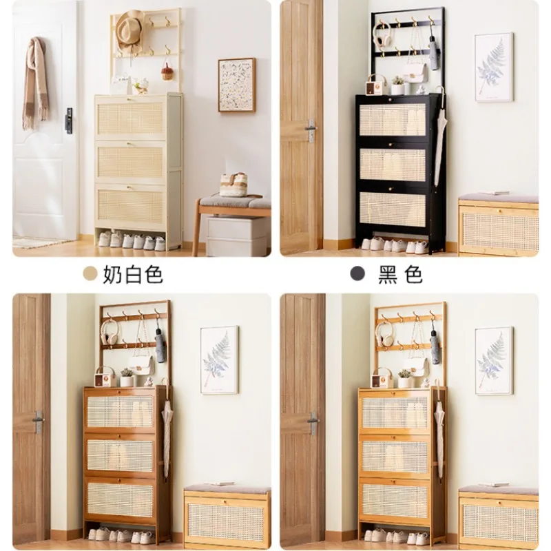 

Tall Narrow Shoe Cabinet Multifunctional Flip-Door Shoe Organizer Vertical Shoe Rack with Hooks Space Saving Entryway Storage