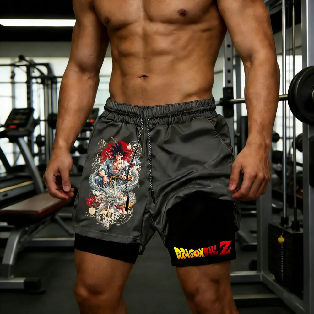 2026 Sommer Dragon Ball Herren-Shorts, Doppelte Zwei-in-Eins-Shorts, Son Goku Bedruckt, Schnelltrocknend, Fake-Two-Piece Familien-Sportshorts