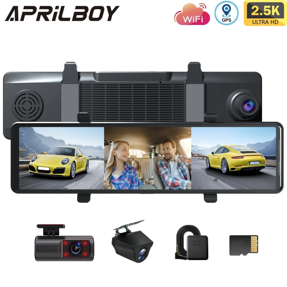 Aprilboy 12'' 2.5K Mirror Dash Cam Front and Rear Inside 3 Channel with GPS WiFi Night Vision Loop Recording Streaming Media