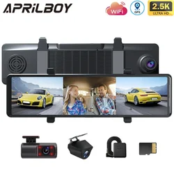 Aprilboy 12'' 2.5K Mirror Dash Cam Front and Rear Inside 3 Channel with GPS WiFi Night Vision Loop Recording Streaming Media