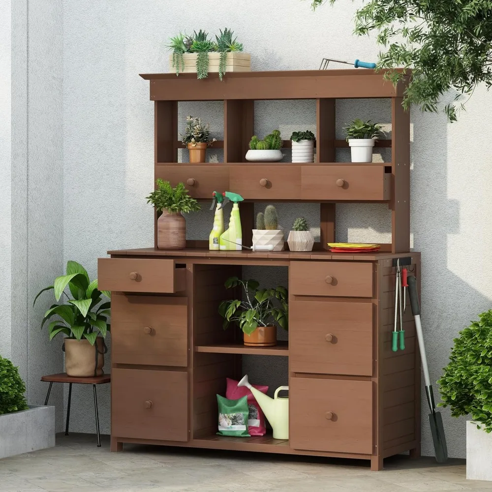 Outdoor Farmhouse Wooden Potting Bench Table, Rustic and Sleek , with Multiple Drawers and Shelves for Storage, Brown