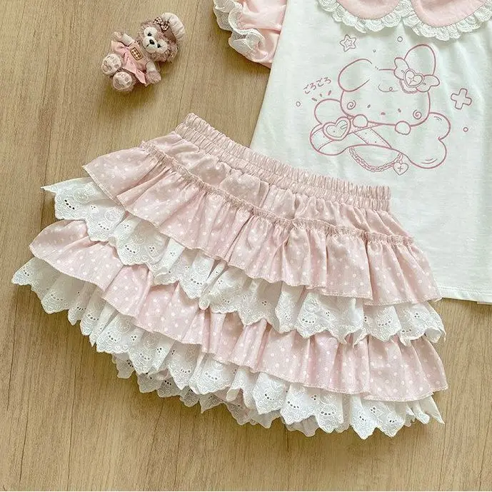Women Kawaii Mini Skirt Japanese Soft Girl Style Ruffle Trim Polka Dot Splicing Lace Tiered Flowy Puff Short Skirt