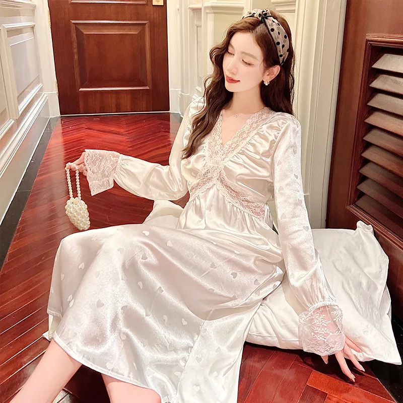 Lady Spring Ice Silk Lace Elegant Nightdress Sleepwear Women Long Sleeve Sexy Dress Casual Loose Nightgowns Comfortable Negligee