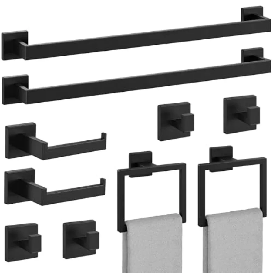 

Набор аксессуаров для ванной комнаты матовый черный, 24 предмета, из нержавеющей стали SUS304, включая полотенцедержатели и вешалки для полотенец