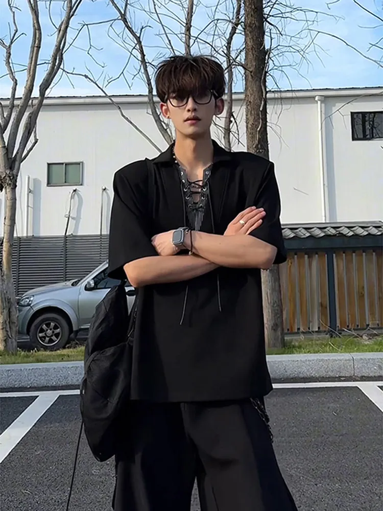 Black V-Neck Short Sleeve  Shirt Men's Style Fake Two-Piece Half Sleeve Heavyweight American Casual Fashion T-Shirt