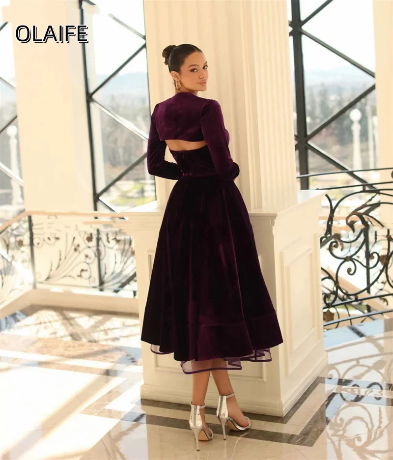 A-line Velvet Homecoming Dress Sweetheart Cape Long Sleeves Formal Evening Gowns Tea Length Party Dress Customized فساتين سهرات