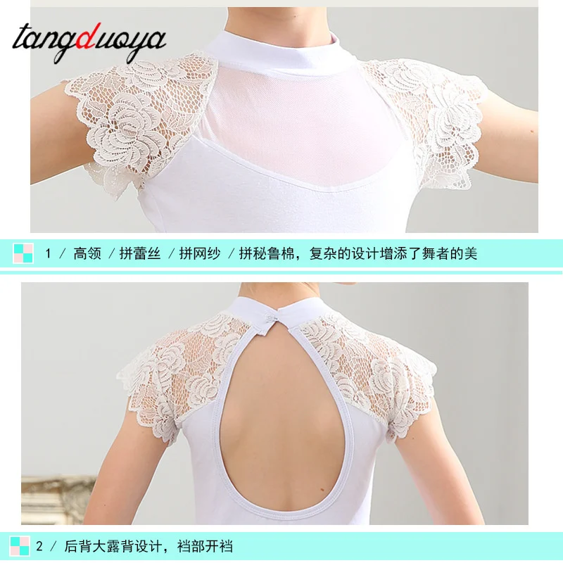 Body da balletto in pizzo per ragazze Colletto alla coreana Body da ginnastica con schiena cava Body da balletto in cotone Body da ballo per bambini per ragazze