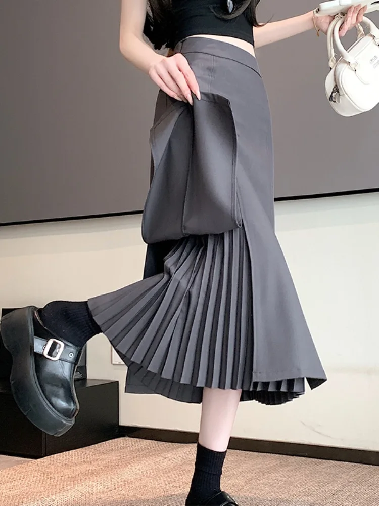 

Gray Suit Skirt High Waist A-Line Midi Split Splicing Pleated Wrap Women's Summer New Style Half-length Skirt Korean Style Co...