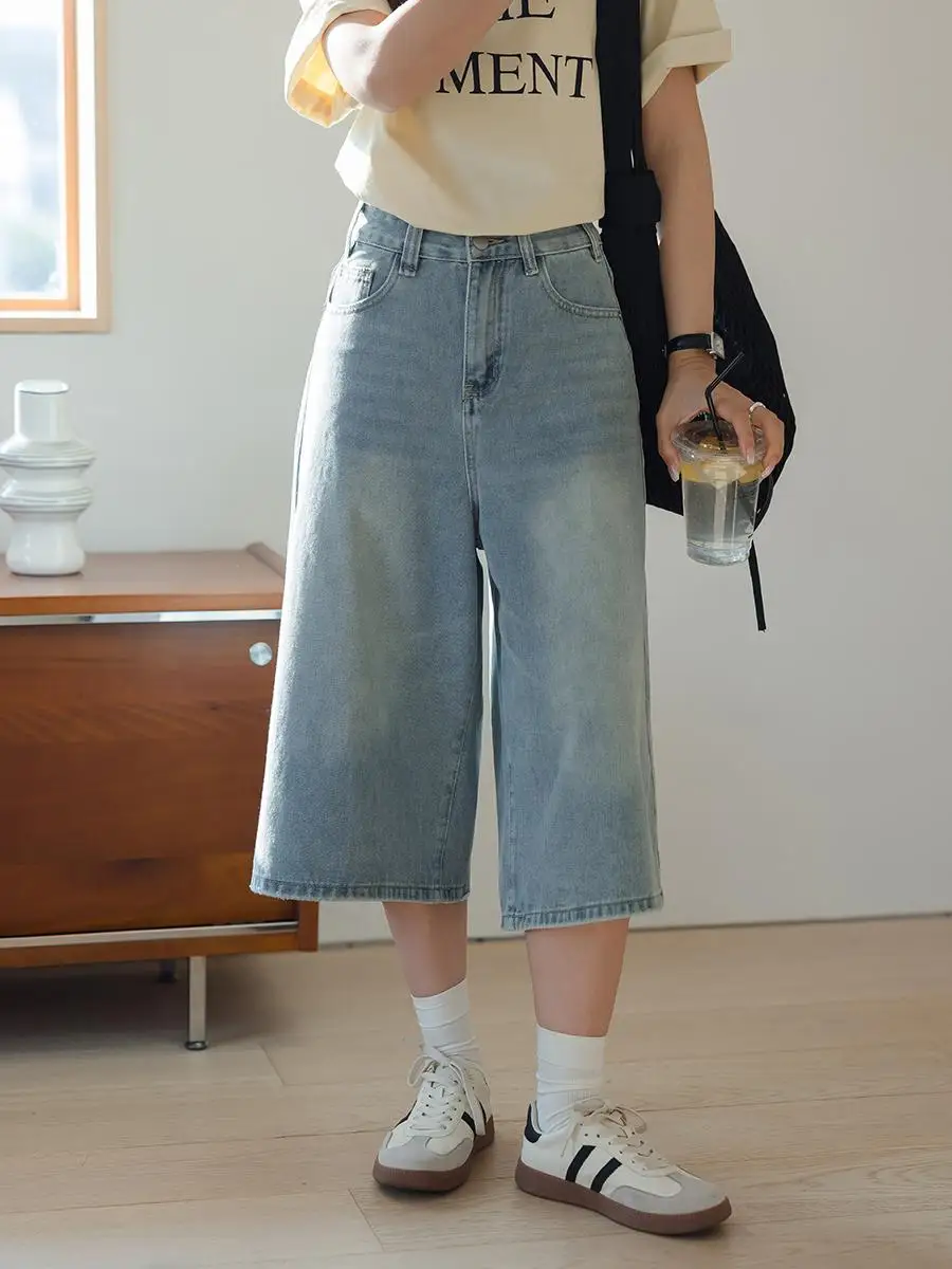 

Retro Light Blue Denim High Waist Loose Wide Leg Pants Women's Faion Casual Cotton Stretch Jeans Color Enhancing plus Size