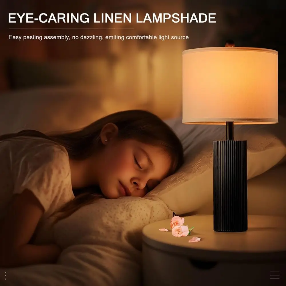 Par de 2 Luminárias de Mesa Modernas de 24,5 Polegadas com USB e Portas de Carregamento para Sala de Estar, Controle por Toque com Listras, 2 Lâmpadas Incluídas