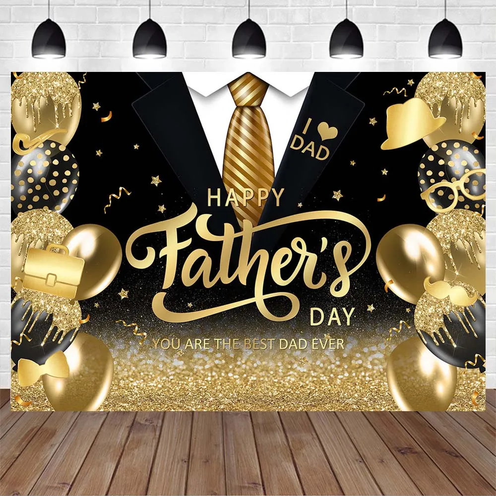 Mocsicka Dad I Love You Happy Father's Day Backdrop Black Suit Golden Tie Glitter Balloon Best Dad Photography Background Banner