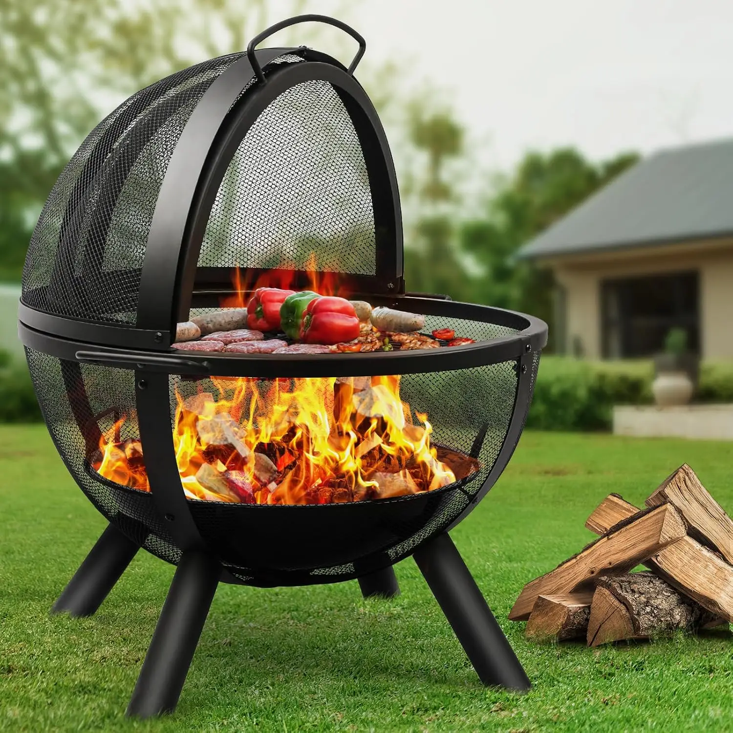Ball of Fire Pit fire Ball with BBQ Grill fire Globe Pit Large Round fire Pit,Patio Fire Pit Fireplace for Camping, Heating,