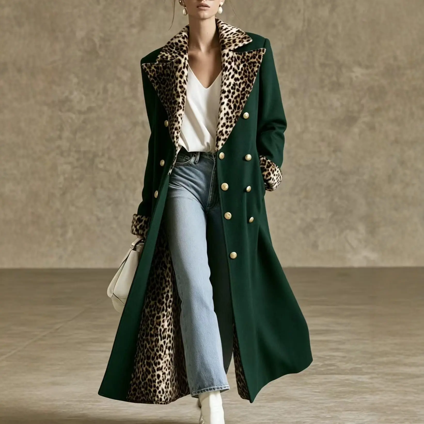 Women‘s Long Coat Leopard Print Lining Notched Lapel Double Breasted Maxi Length Winter Outerwear Elegant Streetwear Overcoat