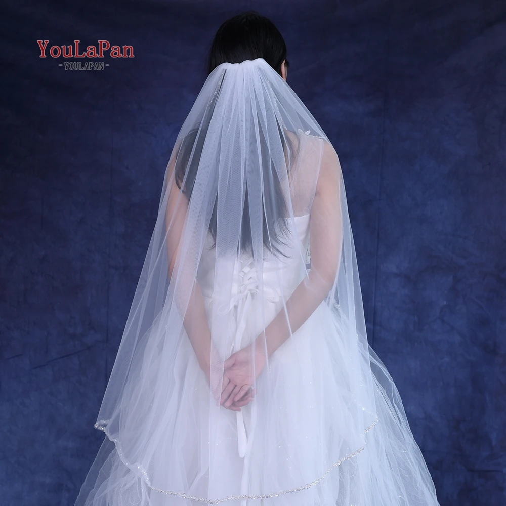 YouLaPan Beaded Edge Bridal Veil Sparkly Sequin Crystal Handcrafted Single Soft Tulle Shiny Wedding Veil With Stones V235