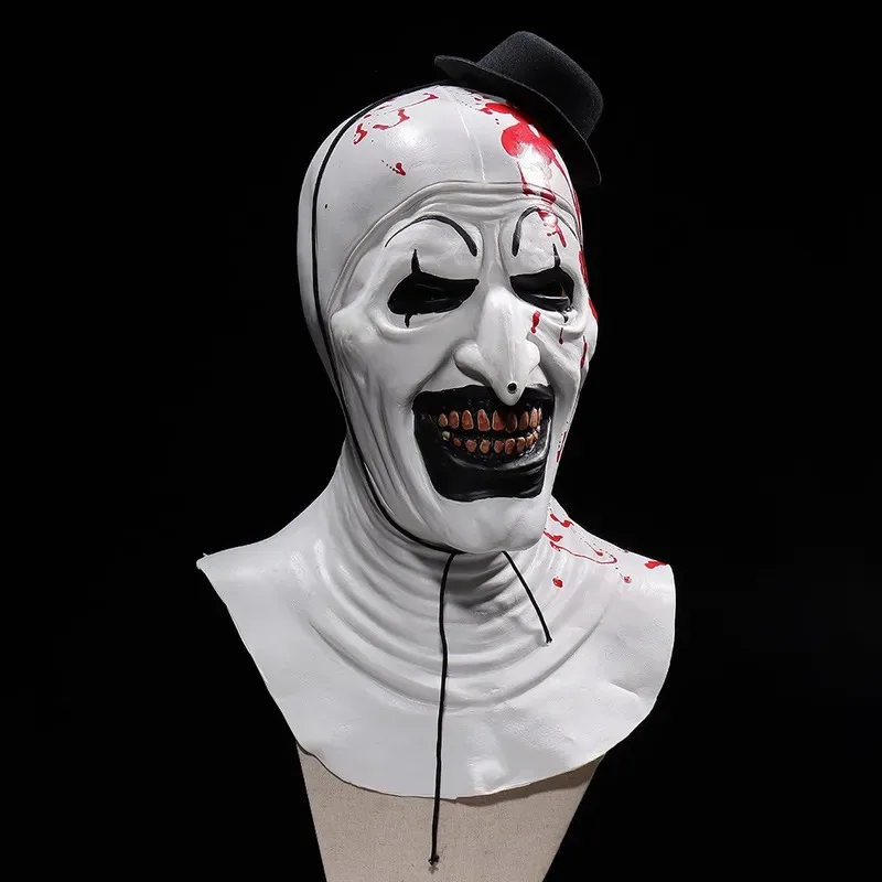 Arte terrorífico de terror, máscara de payaso, Cosplay, demonio sangriento espeluznante, sombrero de Joker malvado, casco de látex, accesorios de disfraz para fiesta de Halloween