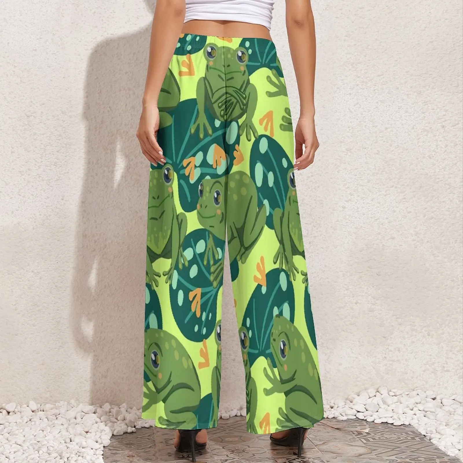 Cute Frog Pants Water Lily Leaves Workout Wide Pants Women Oversized Streetwear Custom Straight Trousers