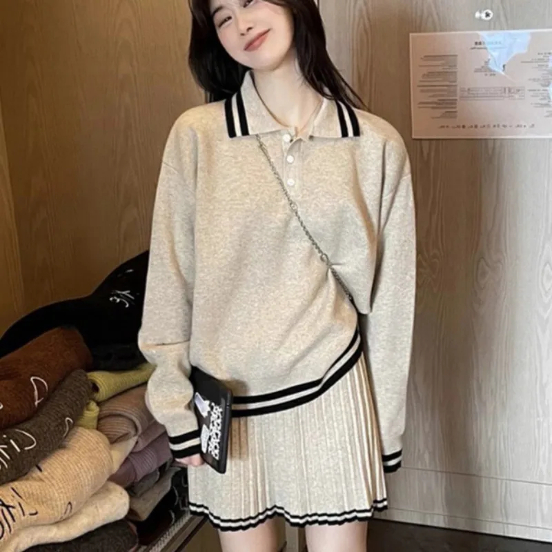 Spring Autumn Sets for Women Turn-down Collar Tops Fashion Korean New Mini Skirts Preppy Style All-match Simple Striped Chic