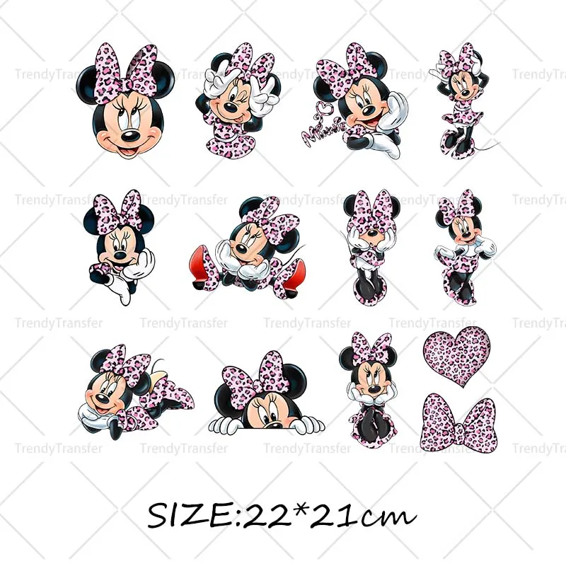 Roze Luipaard Minnie Mouse Karakter Opstrijkpatronen DTF Prints Warmtepersstickers voor kleding Strijkstickers
