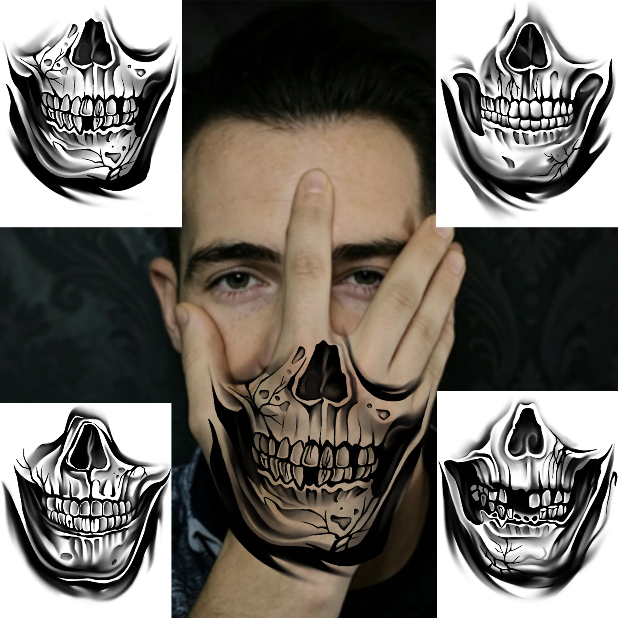 4 Sheets Realistic 3D Skull Mouth Face Temporary Tattoos For Halloween Costume Hand Sticker, Waterproof Durable Temp Fake Tatoos
