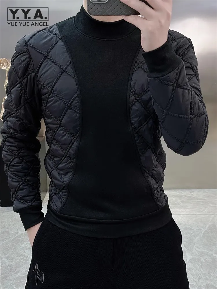 

Fashion Slim Fit Mens Fleece Lining Warm Winter Parkas Patchwork Long Sleeve High Street Casual Turtleneck Pullover Tops Male