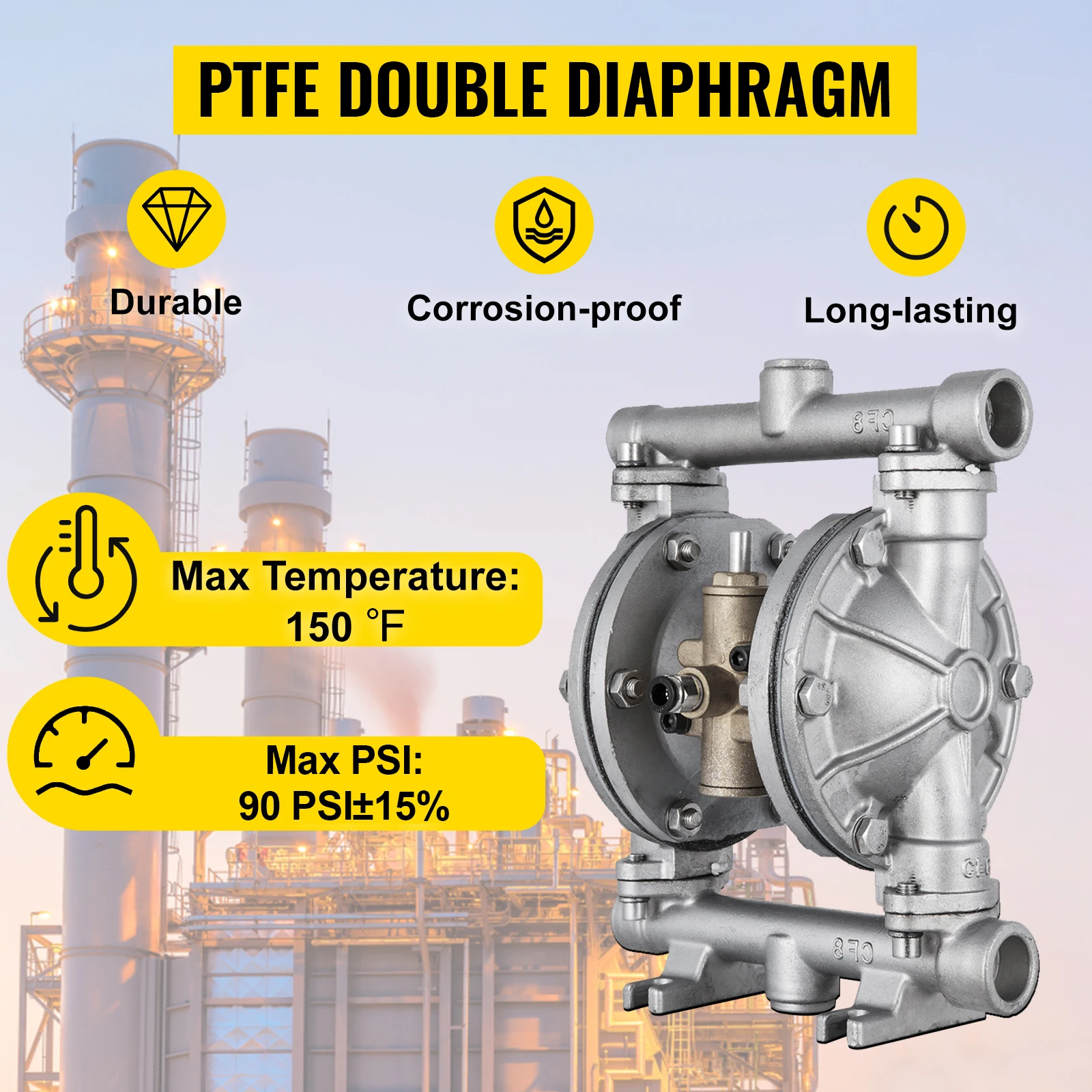 VEVOR Air-Operated Double Diaphragm Pump Stainless Steel Body PTFE Diaphragm Pneumatic Transfer Pump for Petroleum Diesel Oil