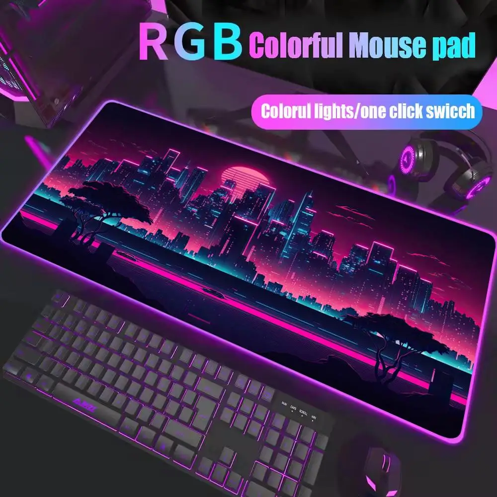 

RGB Retro Mousepad Neon Tokyo Street Pixel Art Purple Japanese Anime Skyline city Desk Mat LED Gaming Mouse Pad Multip Accessory