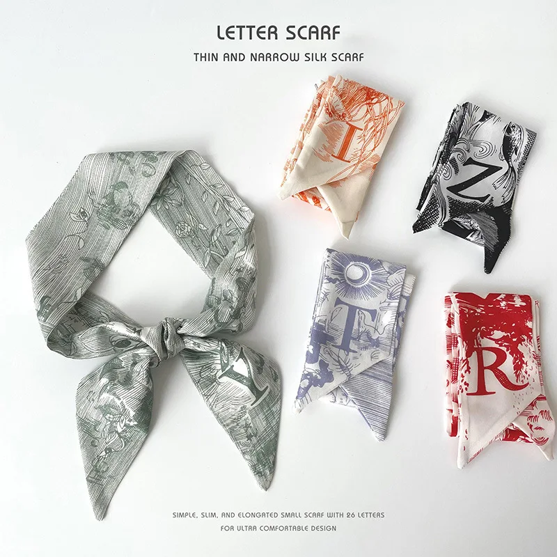 French New Thin Narrow Floral Small Silk Scarf 26 Letters Long Hair Tie Bag Ribbon Gift Decorative Head Scarf