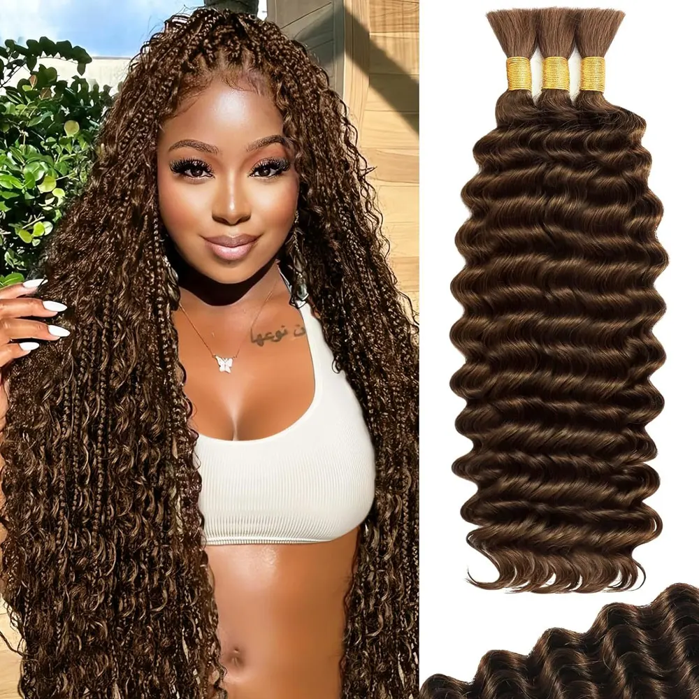 

110g 28 Inch Dark Brown Color 100% Human Hair Curly Boho Hair for Braiding Knotless 12A Deep Wave Bulk Bohemian 2 Bundles/Pack
