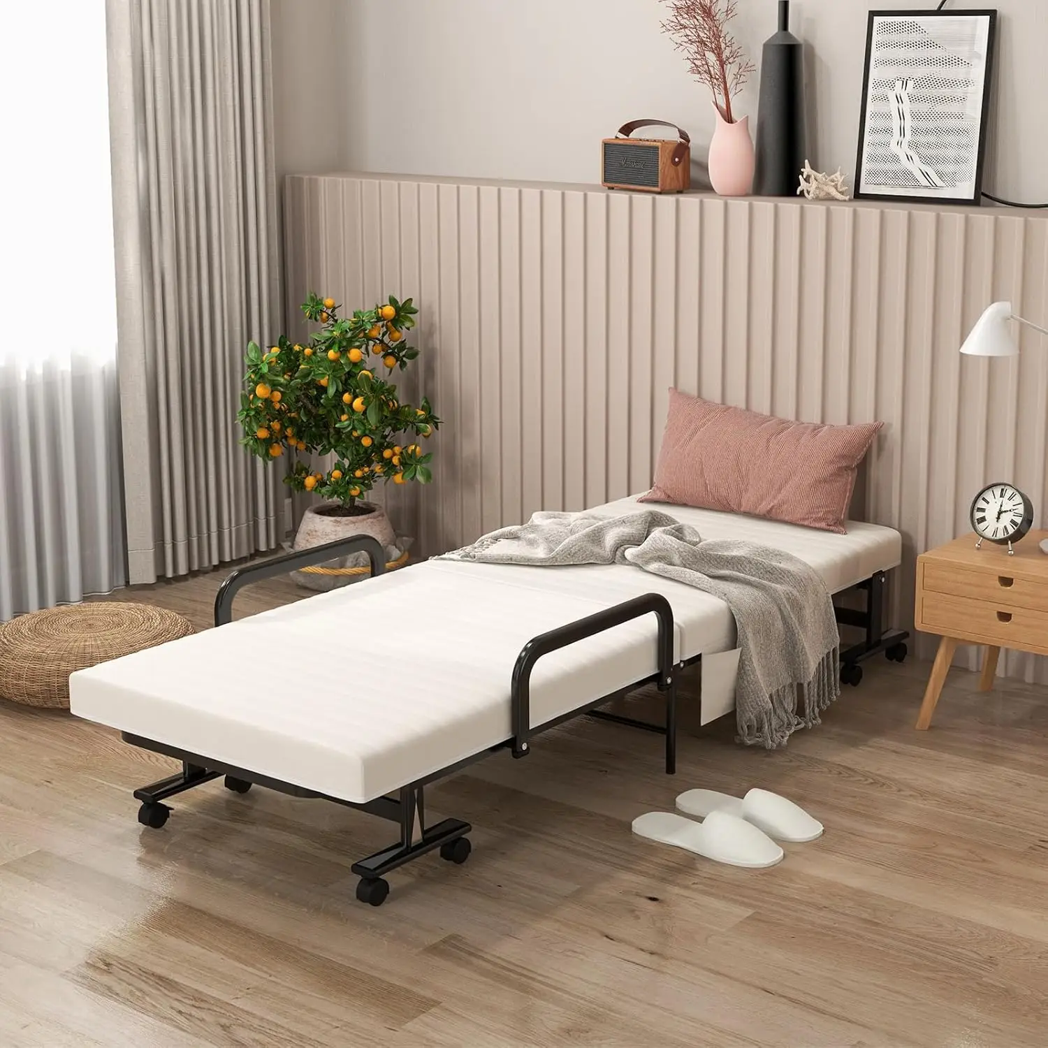 Folding Bed with Mattress, Foldable Portable Guest Bed w/Adjustable 6 Position & Side Storage Pocket, 660 LBS Fold up Bed