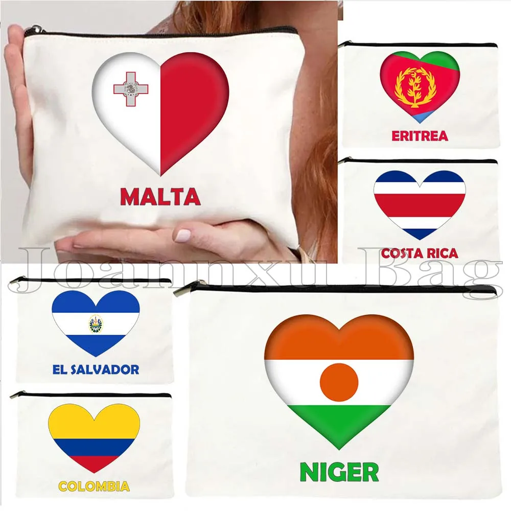 

Malta Niger Ghana Fiji Costa Rica Colombia Cambodia Eritrea Greenland Liechtenstein Heart Flag Cosmetic Makeup Bag Case Pouch