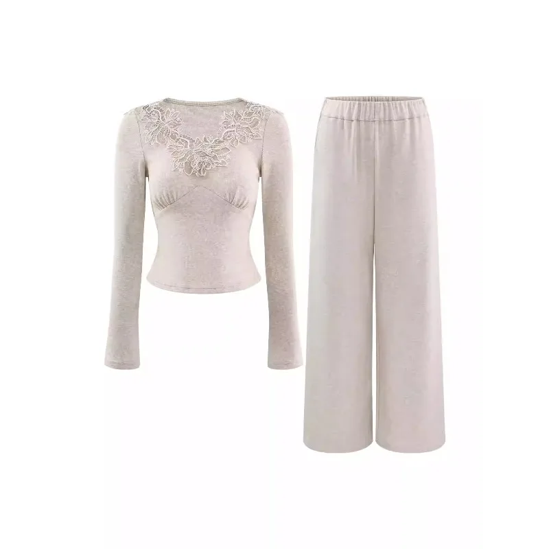 Elegant Lace V Neck Lounge Set for Women Autumn Soft Knit Top and Elastic Waist Pants Casual Two Piece Outfit with Relaxed Fit