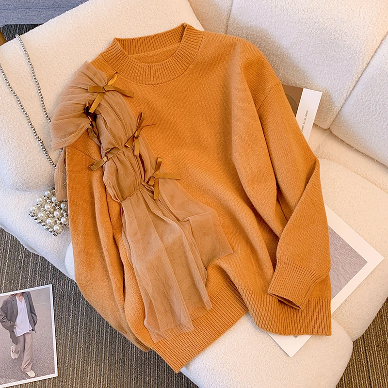 Mesh Stitching Bow Thickened Design Women Warm Sweater O-Neck Loose Casual Female Wool Knitted Swearters Pullover High Street