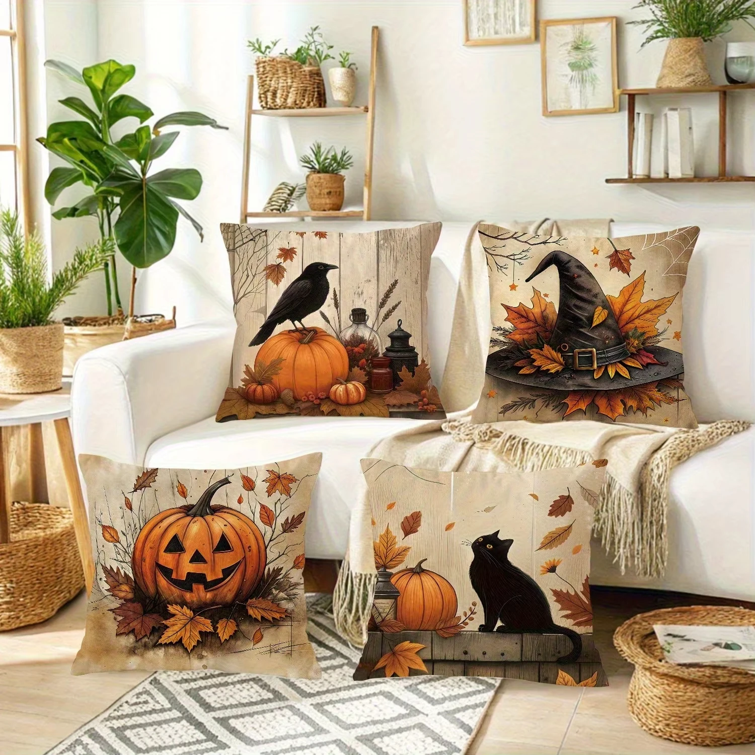 1pc Fall Halloween Throw Pillow Covers Set Polyester 2D Design Print Sofa Living Room Autumn Spooky Home Party Decoration